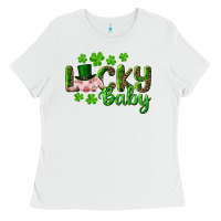 White Lucky Baby With Pig Ladies Tee - RanaPortraitStore