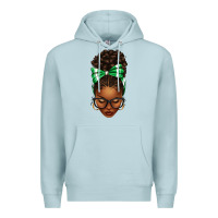Blue Mist Afro Messy Bun Green and White Bow Premium Hoodie - texasbilliewilder