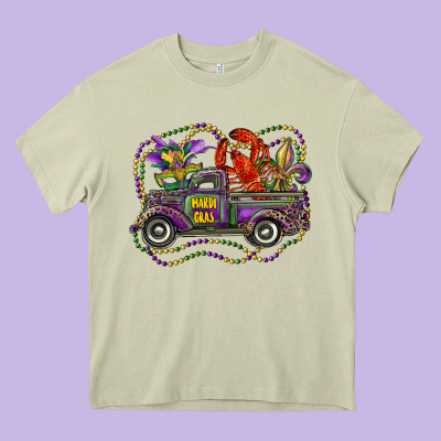 Mardi Gras Truck With Mask Fleur De Lis And Crawfish Heavy Core Tee Designed By Ranaportraitstore