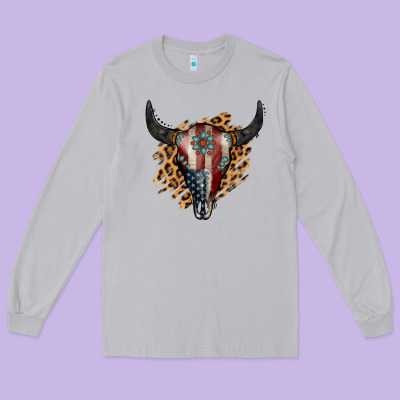 American Bull Skull Long Sleeve Tee Designed By Jasminsmagicworld
