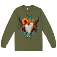 Army Green Aztec Turquoise Bull Skull Long Sleeve Tee - Jasminsmagicworld