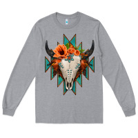 Heather Grey Aztec Turquoise Bull Skull Long Sleeve Tee - Jasminsmagicworld