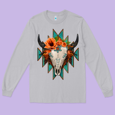 Aztec Turquoise Bull Skull Long Sleeve Tee Designed By Jasminsmagicworld