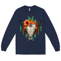 Navy Aztec Turquoise Bull Skull Long Sleeve Tee - Jasminsmagicworld