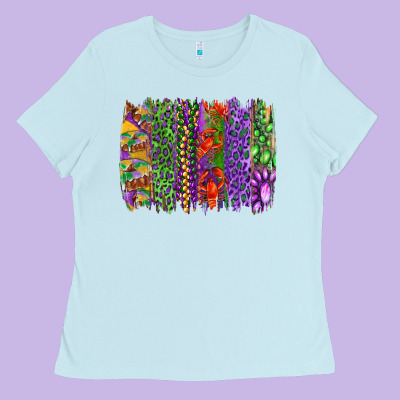 Ladies Tee Mardi gras brush strokes king cake and craw fish