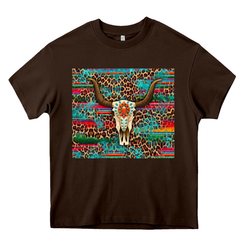 Western Serape Leopard Bull Skull Turquoise Heavy Core Tee by Artiststas | Teevron