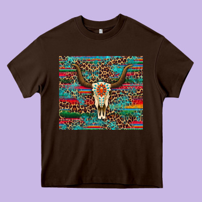 Western Serape Leopard Bull Skull Turquoise Heavy Core Tee Designed By Artiststas