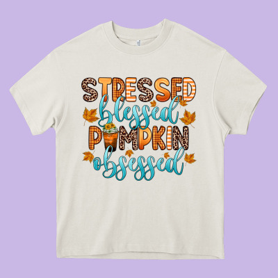 Stressed Blessed Pumpkin Obsessed Heavy Core Tee Designed By Zillion Design Studio