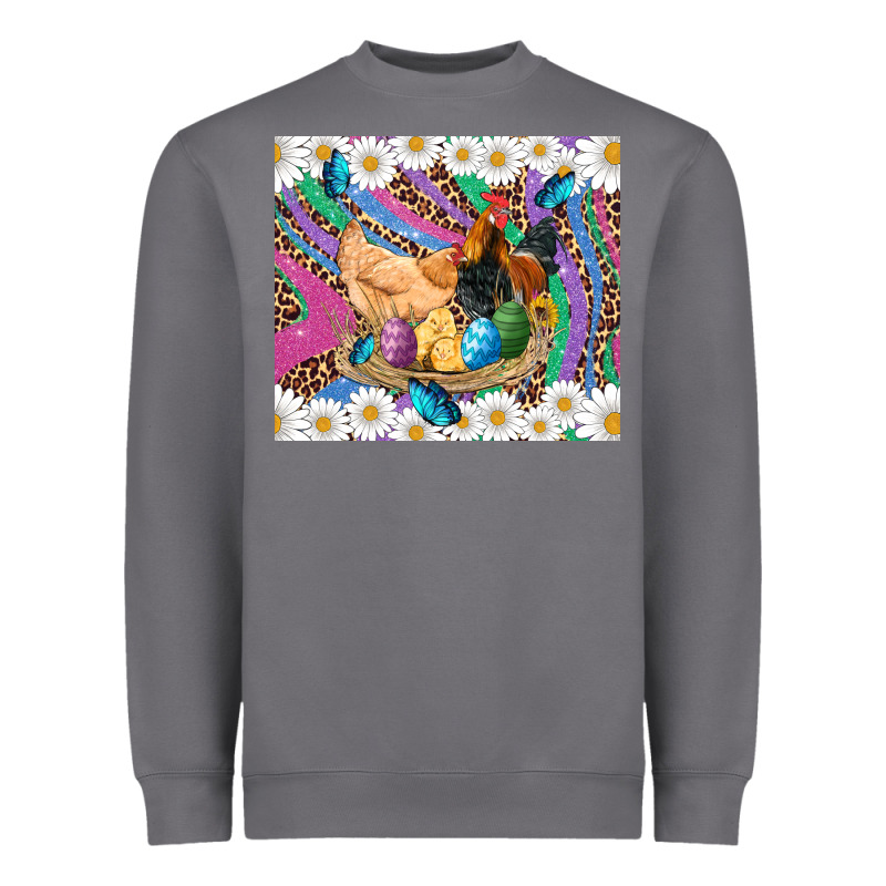 Easter Farm Chicken Chick Rooster Daisys Butterfly Sunflower Eggs Glit Heavyweight Sweatshirt by Artiststas | Teevron