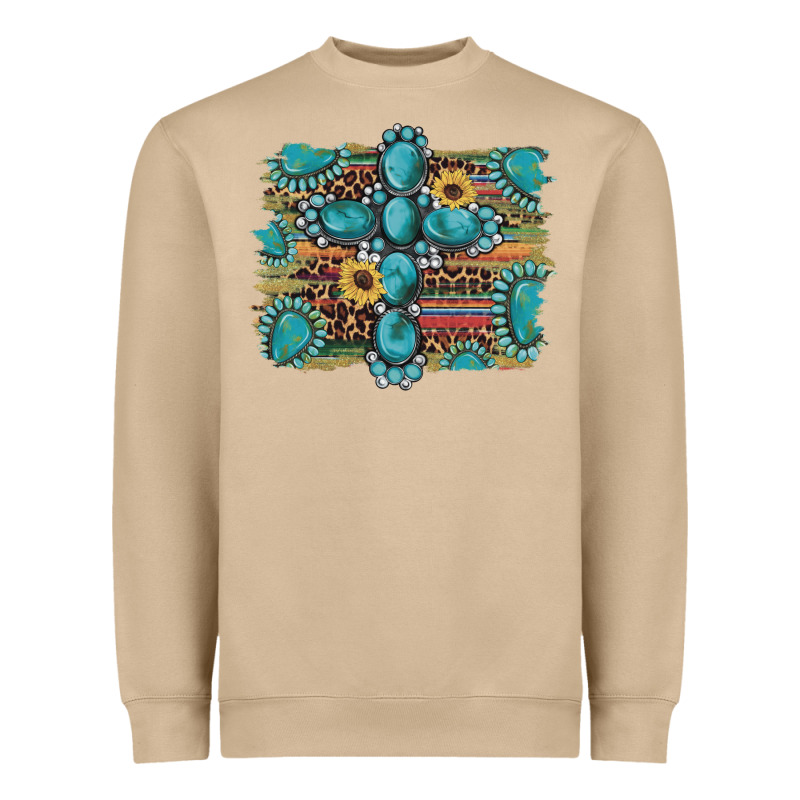 Western Gemstone Cross Sunflowers Serape Leopard Glitter Heavyweight Sweatshirt by Artiststas | Teevron