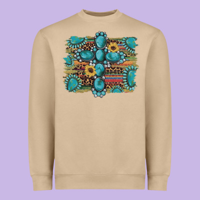 Western Gemstone Cross Sunflowers Serape Leopard Glitter Heavyweight Sweatshirt Designed By Artiststas