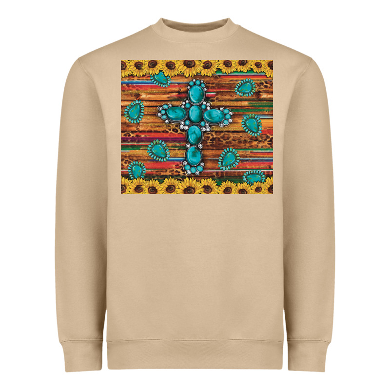 Western Gemstone Cross Sunflowers Leopard Serape Glitter Wooden Tumble Heavyweight Sweatshirt by Artiststas | Teevron
