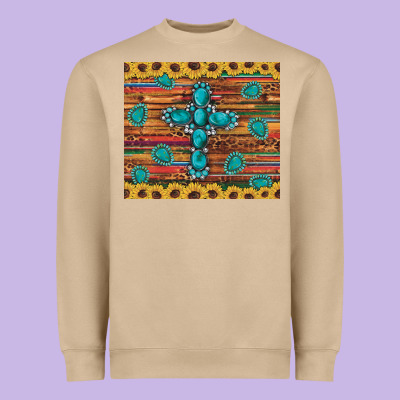 Western Gemstone Cross Sunflowers Leopard Serape Glitter Wooden Tumble Heavyweight Sweatshirt Designed By Artiststas