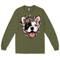 Army Green french bulldog floral Long Sleeve Tee - Jasminsmagicworld
