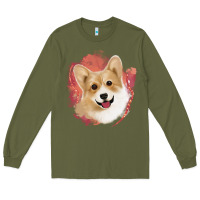 Army Green corgi peach watercolor background Long Sleeve Tee - Jasminsmagicworld