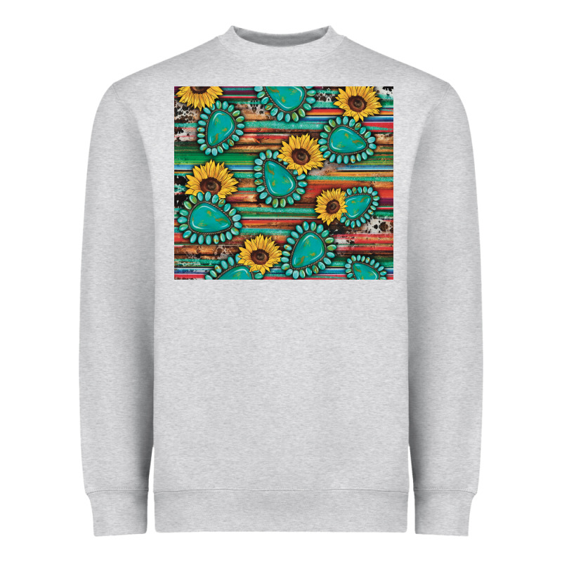 Western Gemstone Sunflowers Serape Cowhide Glitter Wooden Heavyweight Sweatshirt by Artiststas | Teevron