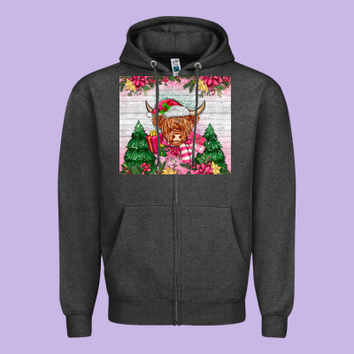 Pink Christmas Cow Zipper Hoodie Designed By Maliassmallbusiness