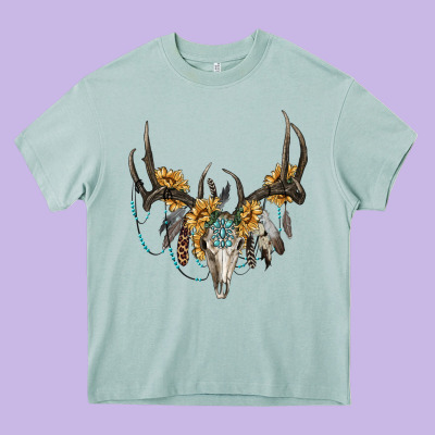 Boho Deer Skull Sunflowers And Gemstone Heavy Core Tee Designed By Ranaportraitstore