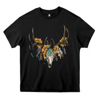 Black boho deer skull sunflowers and gemstone Heavy Core Tee - RanaPortraitStore