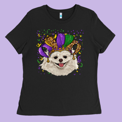 Ladies Tee Mardi Gras White Pomeranian with Hat