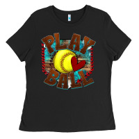 Black play ball softball Ladies Tee - texasbilliewilder