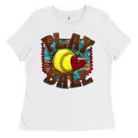 White play ball softball Ladies Tee - texasbilliewilder