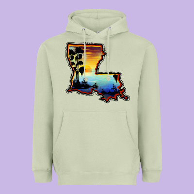 Louisiana  Sunset Map Heavyweight Hoodie Designed By Barkaloodesign