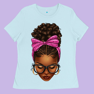 Ladies Tee afro messy bun pink leopard bow
