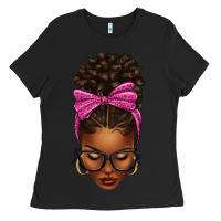 Black afro messy bun pink leopard bow Ladies Tee - texasbilliewilder