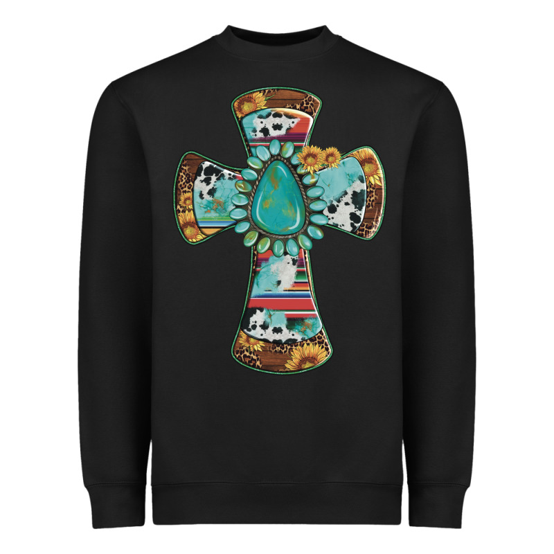 Cross With Leopard Sunflower Gemstone Serape Cowhide Heavyweight Sweatshirt by Artiststas | Teevron
