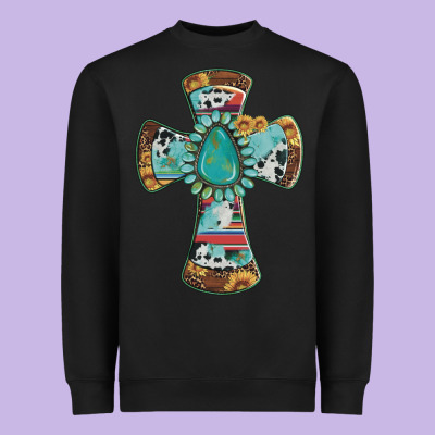 Cross With Leopard Sunflower Gemstone Serape Cowhide Heavyweight Sweatshirt Designed By Artiststas