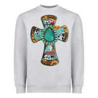 Heather Grey cross with leopard sunflower gemstone serape cowhide Heavyweight Sweatshirt - Artiststas