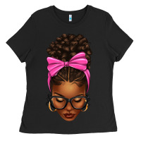 Black afro messy bun pink bow Ladies Tee - texasbilliewilder