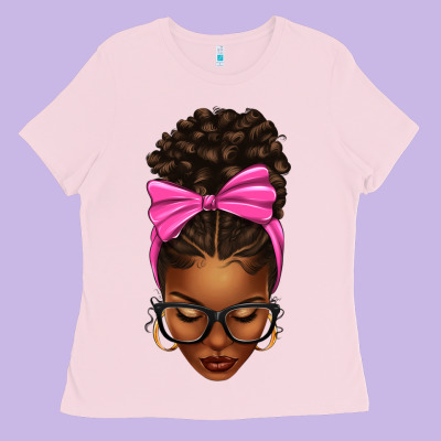 Ladies Tee afro messy bun pink bow