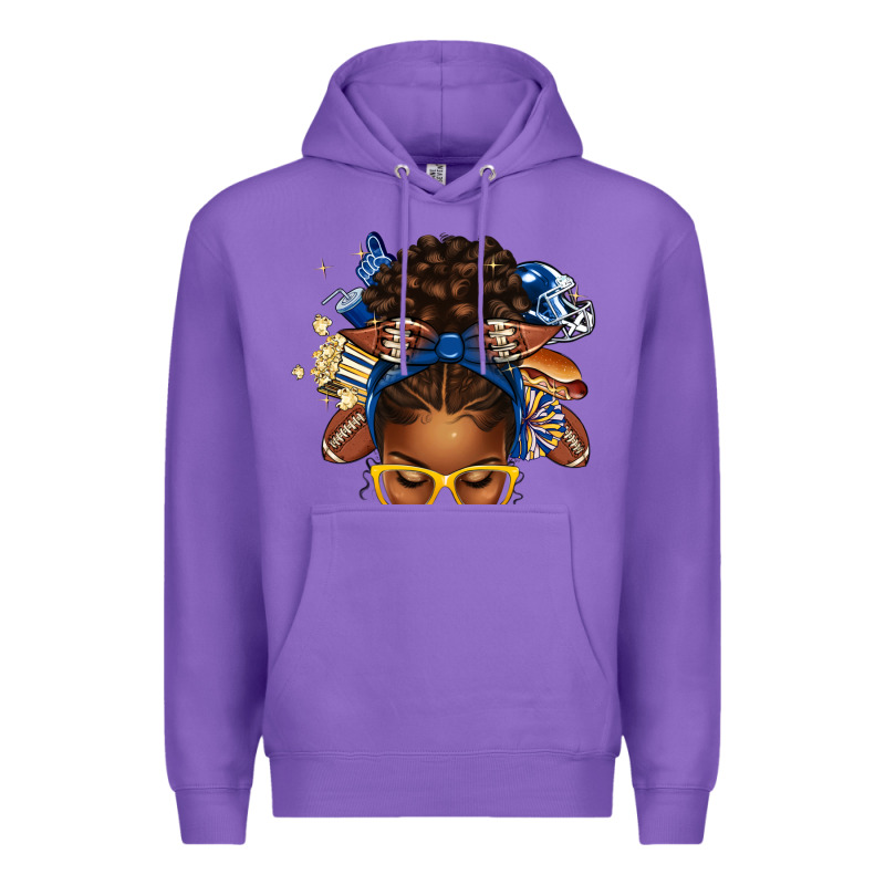 Blue And Gold American Football Afro Messy Bun Premium Hoodie by texasbilliewilder | Teevron