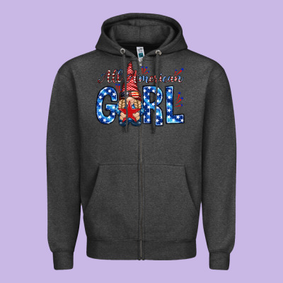 All American Girl With Gnome Zipper Hoodie Designed By Nancycooperartshop