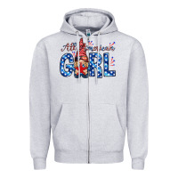 Heather Grey all american girl with gnome Zipper Hoodie - NancyCooperArtShop