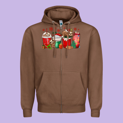Christmas Sloth Coffee Cups Zipper Hoodie Designed By Maliassmallbusiness