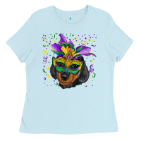 Baby Blue Mardi Gras Dachshund Puppy with Mask Ladies Tee - RanaPortraitStore