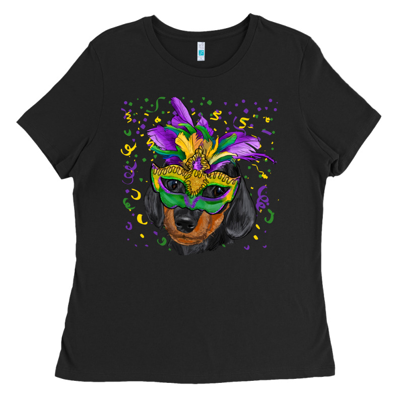 Mardi Gras Dachshund Puppy With Mask Ladies Tee by RanaPortraitStore | Teevron
