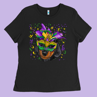 Ladies Tee Mardi Gras Dachshund Puppy with Mask