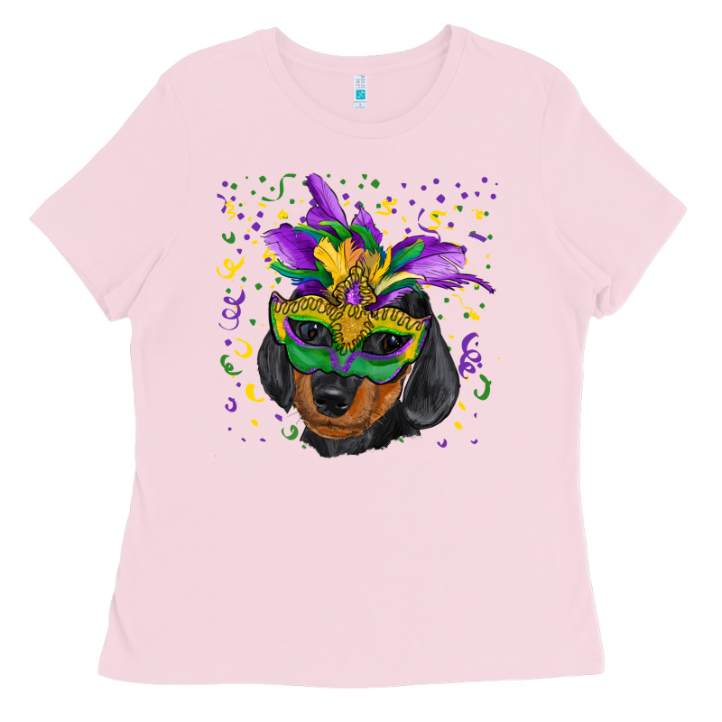 Mardi Gras Dachshund Puppy With Mask Ladies Tee by RanaPortraitStore | Teevron