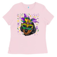 Bubblegum Pink Mardi Gras Dachshund Puppy with Mask Ladies Tee - RanaPortraitStore