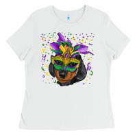 White Mardi Gras Dachshund Puppy with Mask Ladies Tee - RanaPortraitStore