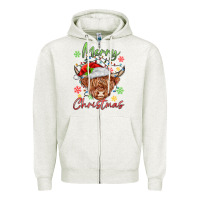 Oatmeal Heather merry christmas cow Zipper Hoodie - MaliasSmallBusiness