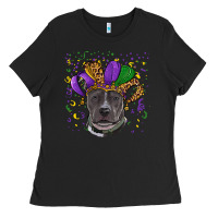Black Mardi Gras Pitbull with Hat Ladies Tee - RanaPortraitStore