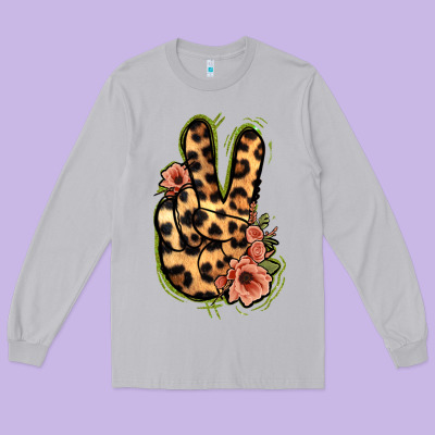 Leopard Floral Peace Sign Long Sleeve Tee Designed By Jasminsmagicworld