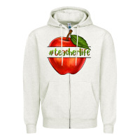 Oatmeal Heather teacher life with apple Zipper Hoodie - NancyCooperArtShop