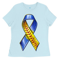 Baby Blue down syndrome ribbon softball Ladies Tee - texasbilliewilder