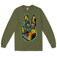 Army Green Aztec Sunflower Peace Sign Long Sleeve Tee - Jasminsmagicworld